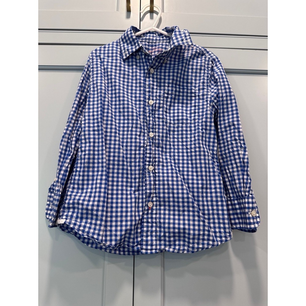 Crewcuts blue white gingham check plaid button down collar top shirt‎